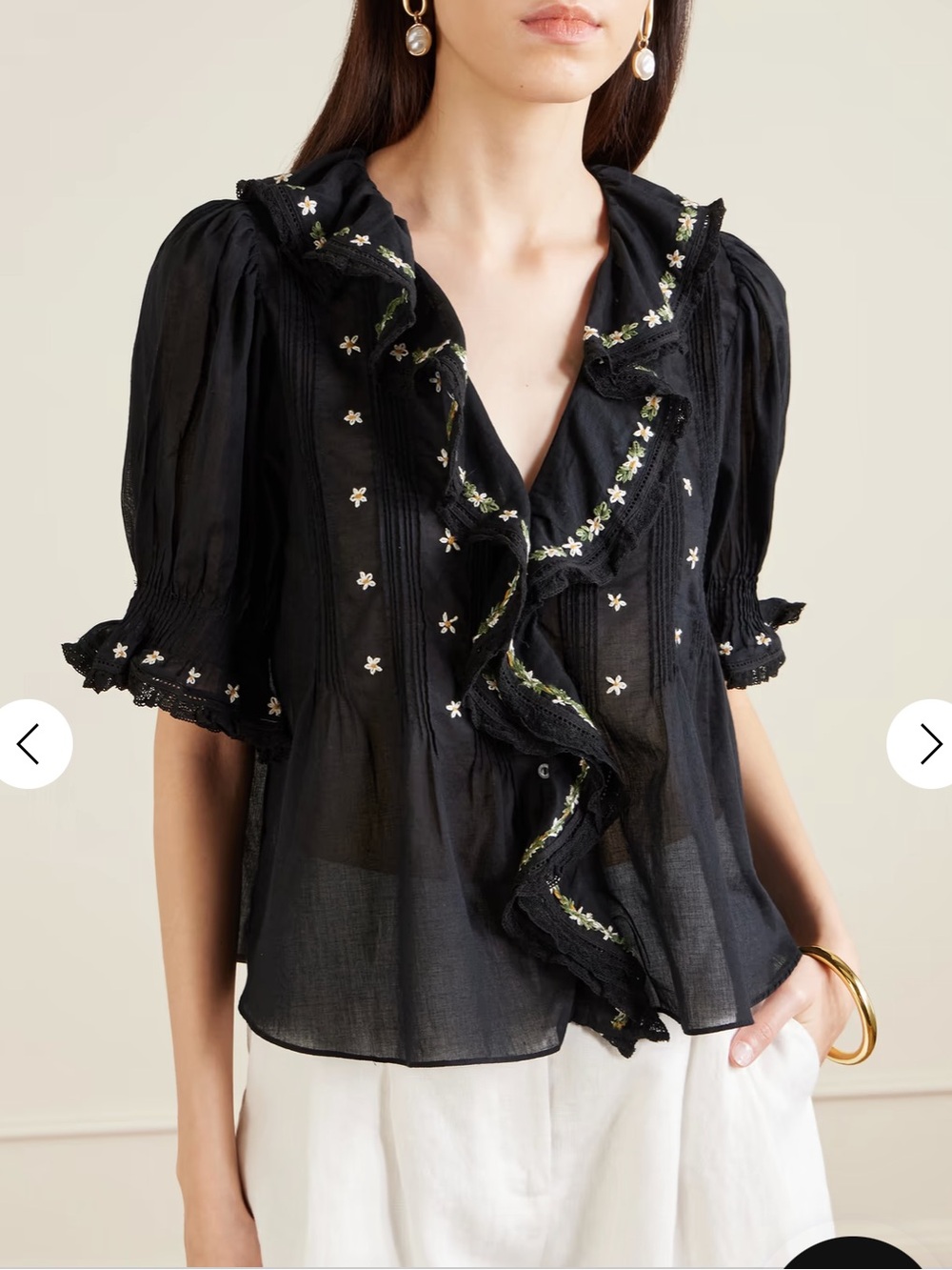 Doen Hettie Black Ruffled Embroidered Peasant Blouse